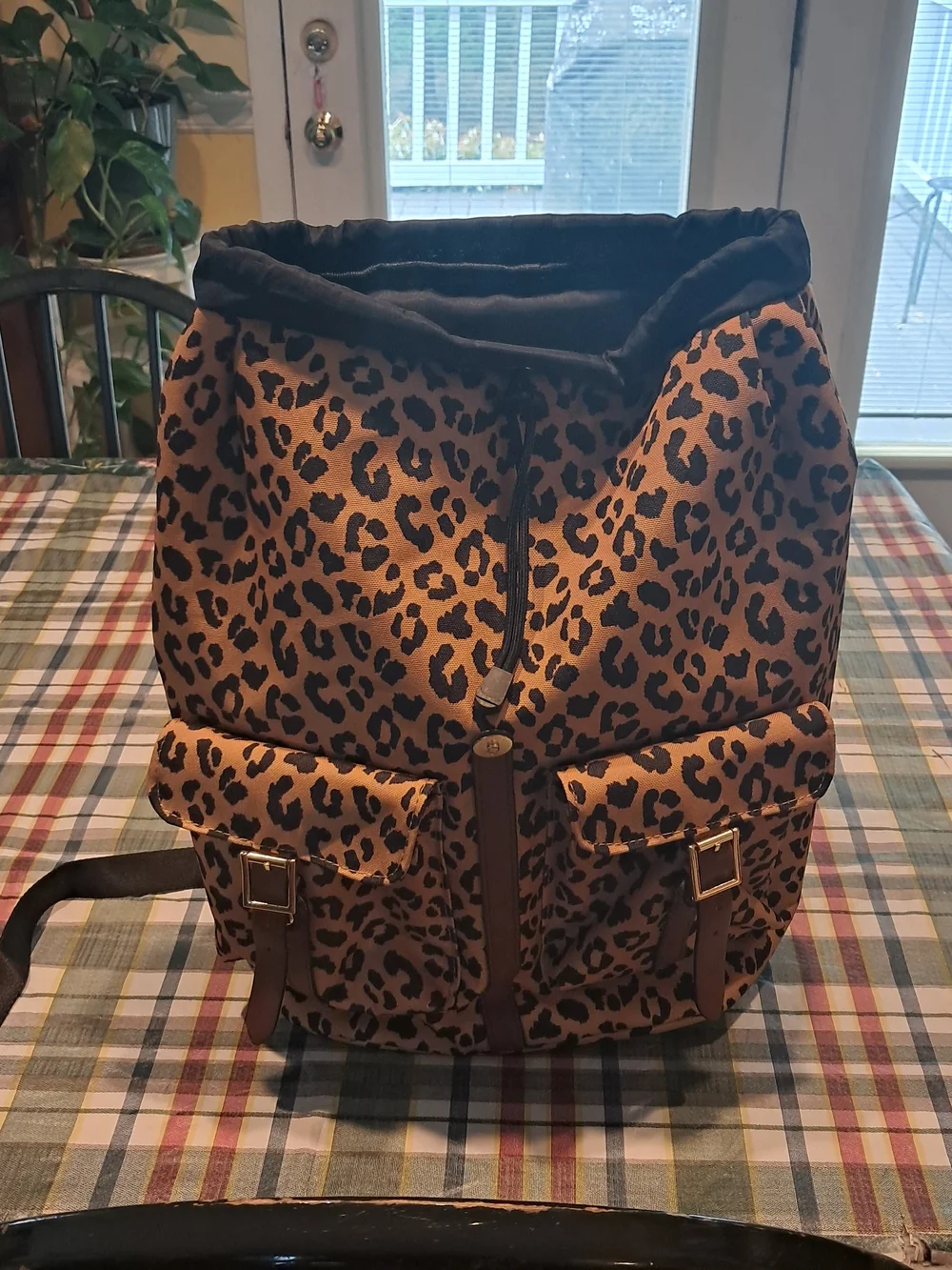 Leopard Print Backpack with Brown Trim Front‎ Pockets With Adjustable Straps